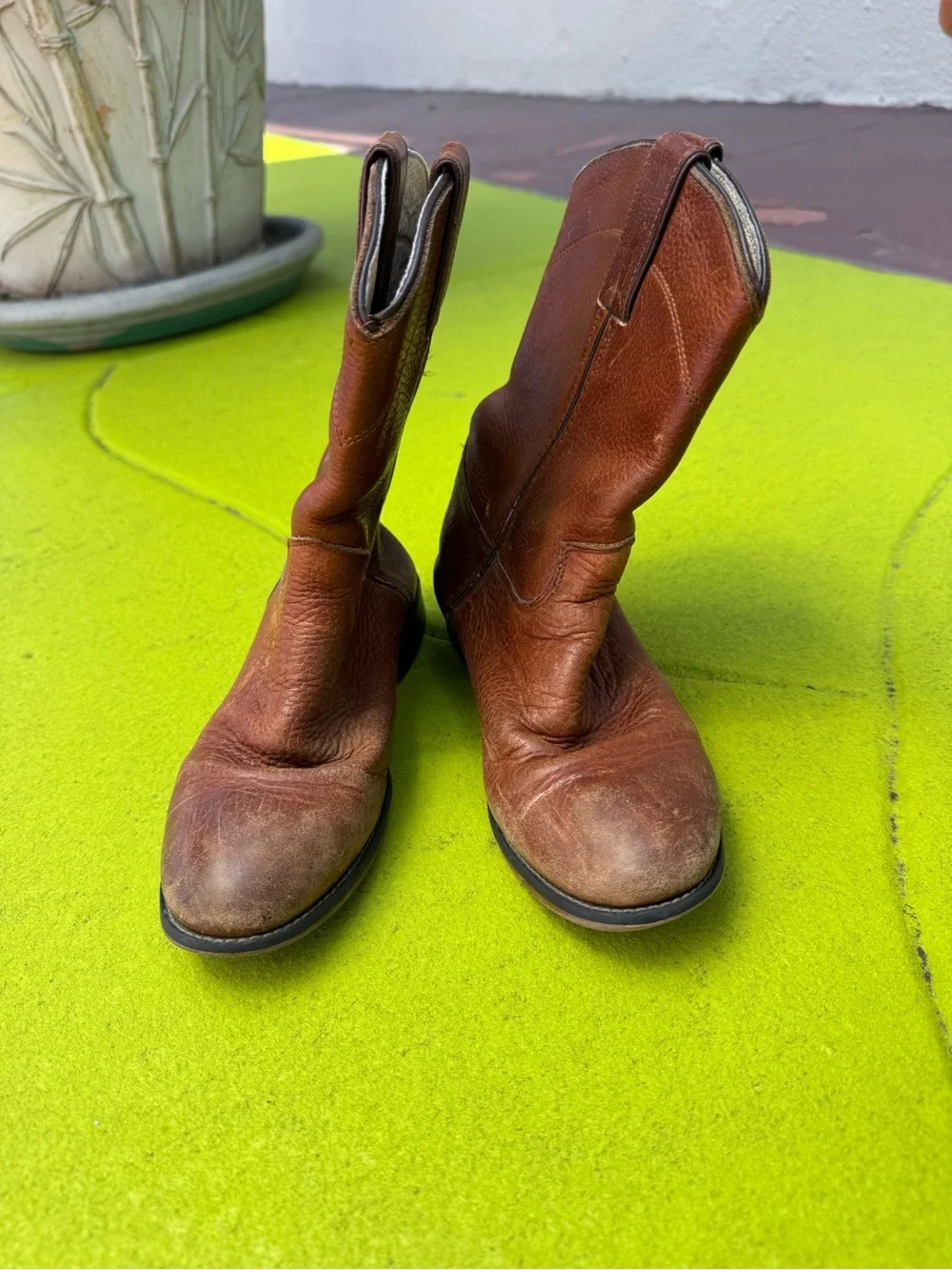 Vintage Justin Cowboy Boots Kids Size 10 Brown Leather Made in Mexico Western